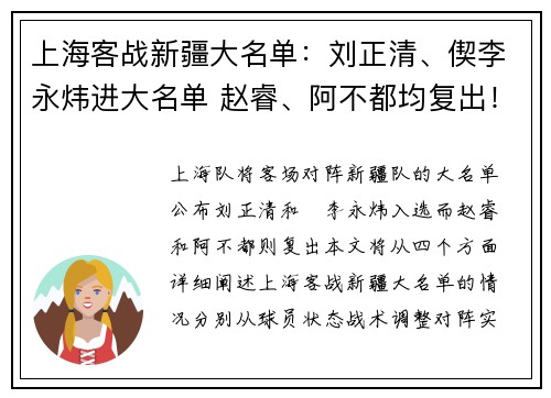 上海客战新疆大名单：刘正清、偰李永炜进大名单 赵睿、阿不都均复出！